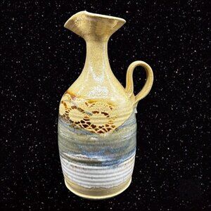 Hand Trown Pottery Jug Pitcher Hand Made Signed Blue Stoneware Vintage 11”T 6”W